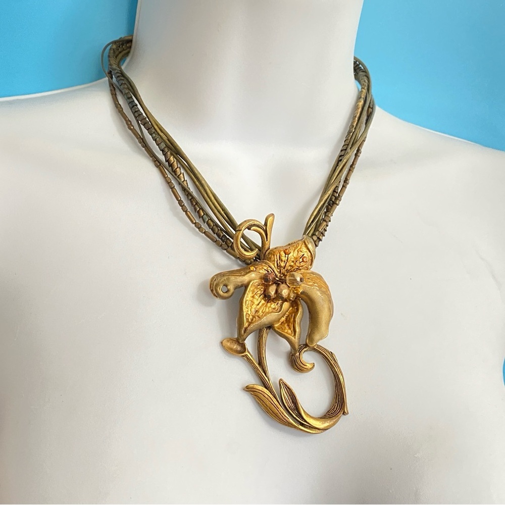 CHICO'S Gold Floral Corded Necklace Multistrand Bohemian Style - Picture 2 of 9